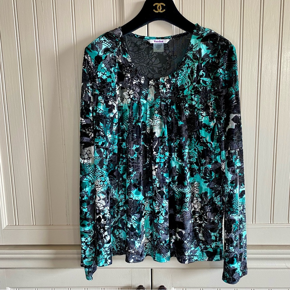 Blue Velvet Flower Floral Long Sleeve Top - Teal See through Size S Y2K